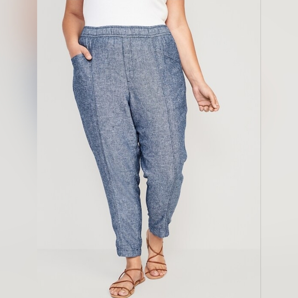 High-Waisted Chambray Cropped Linen-Blend Tapered Small Blue Pants-Women OldNavy - Picture 10 of 13